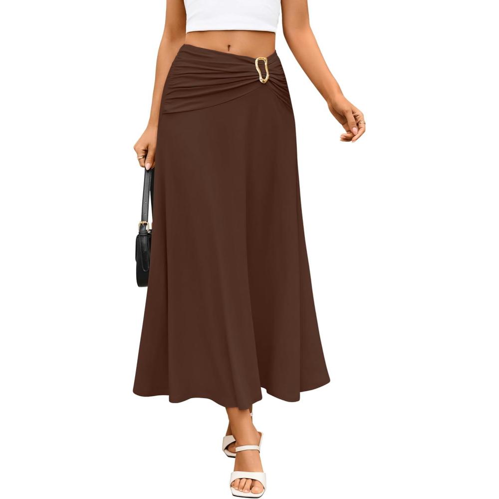 imageZESICA Flowy Maxi Skirts for Women 2026 Summer Spring Business Casual Elastic High Waist ALine Long Skirt Vacation OutfitsCoffee