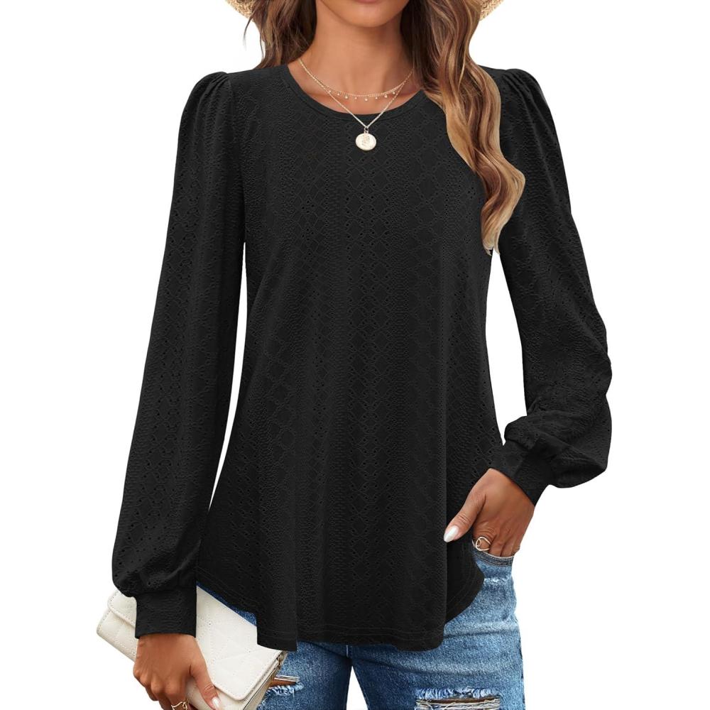 imageZESICA Long Sleeve Eyelet Tops for Womens Crew Neck Spring Shirts Casual Loose Blouses 2026 Trendy ClothesBlack