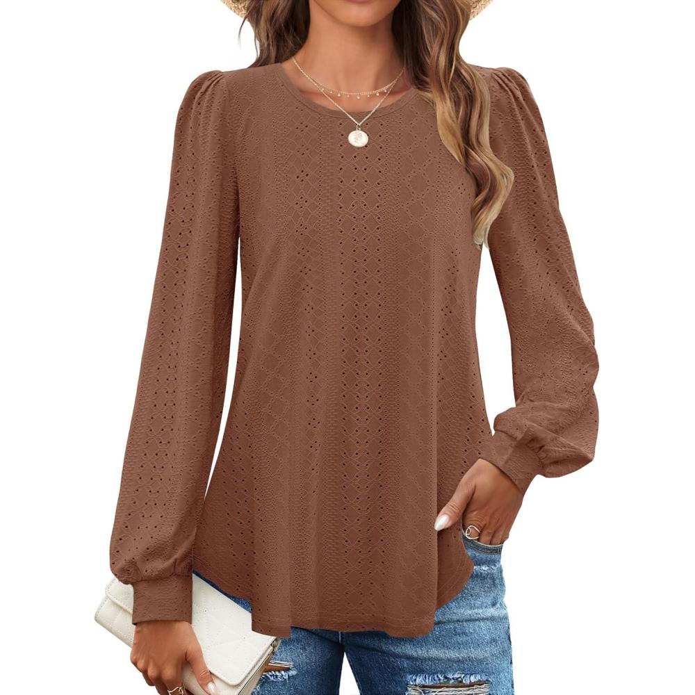 imageZESICA Long Sleeve Eyelet Tops for Womens Crew Neck Spring Shirts Casual Loose Blouses 2026 Trendy ClothesCaramel