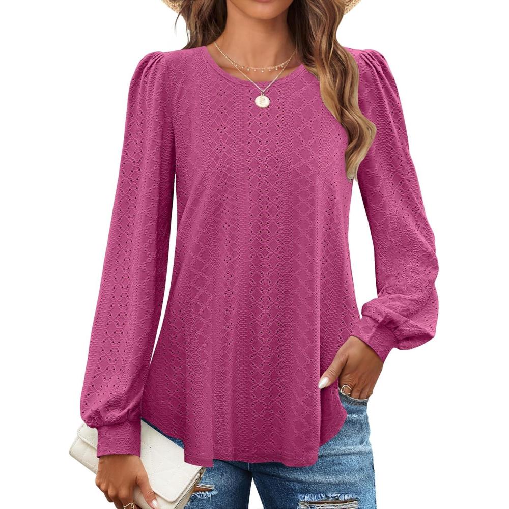 imageZESICA Long Sleeve Eyelet Tops for Womens Crew Neck Spring Shirts Casual Loose Blouses 2026 Trendy ClothesRosered