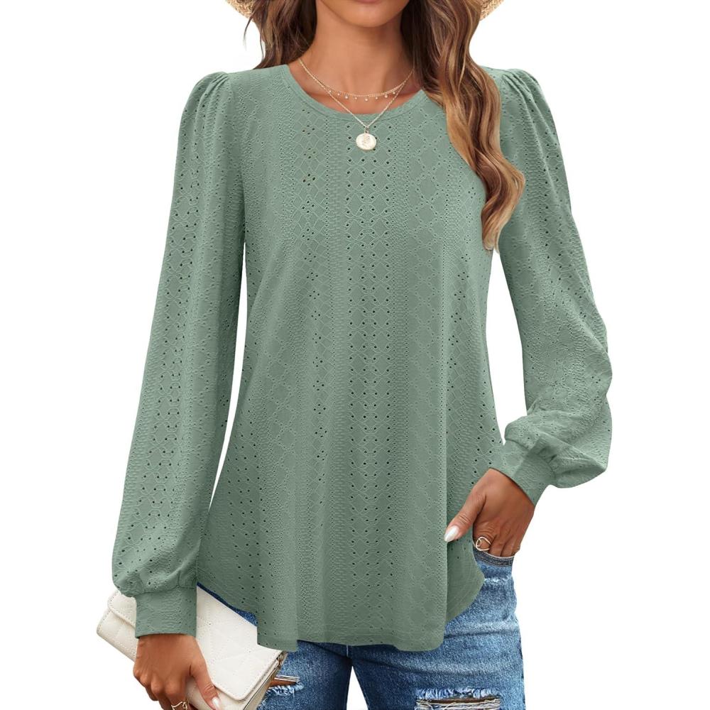 imageZESICA Long Sleeve Eyelet Tops for Womens Crew Neck Spring Shirts Casual Loose Blouses 2026 Trendy ClothesSage