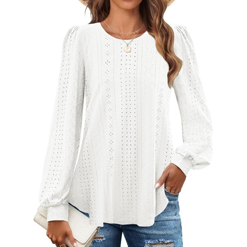 imageZESICA Long Sleeve Eyelet Tops for Womens Crew Neck Spring Shirts Casual Loose Blouses 2026 Trendy ClothesWhite