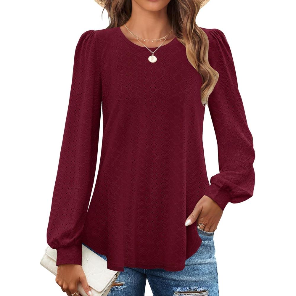 imageZESICA Long Sleeve Eyelet Tops for Womens Crew Neck Spring Shirts Casual Loose Blouses 2026 Trendy ClothesWine