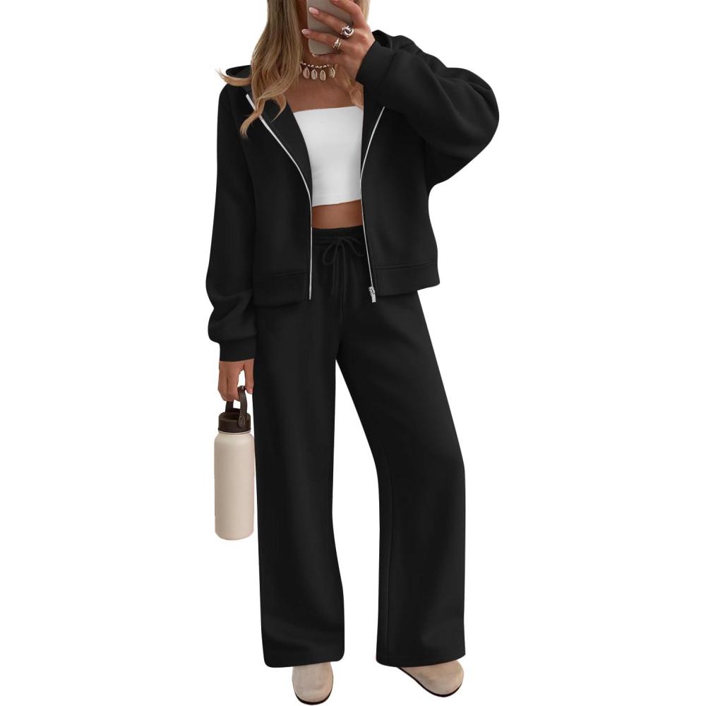 imageZESICA Womens 2 Piece Outfits 2026 Fall Winter Fleece Hoodie Tracksuit Zip Up Sweatshirt Long Sweatpant Matching SetBlack
