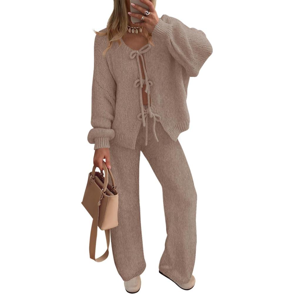 imageZESICA Womens 2 Piece Outfits Lounge Pajama Sets 2026 Fall Long Sleeve Cardigans Wide Leg Pants Matching Winter ClothesKhaki