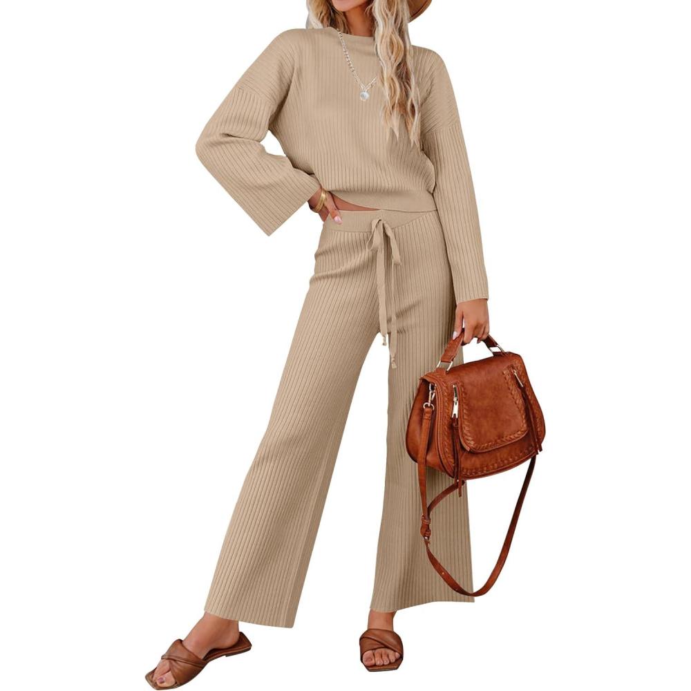 imageZESICA Womens 2 Piece Outfits Set 2026 Casual Long Sleeve Knit Pullover Top and Wide Leg Pants Sweatsuit Lounge SetsSand