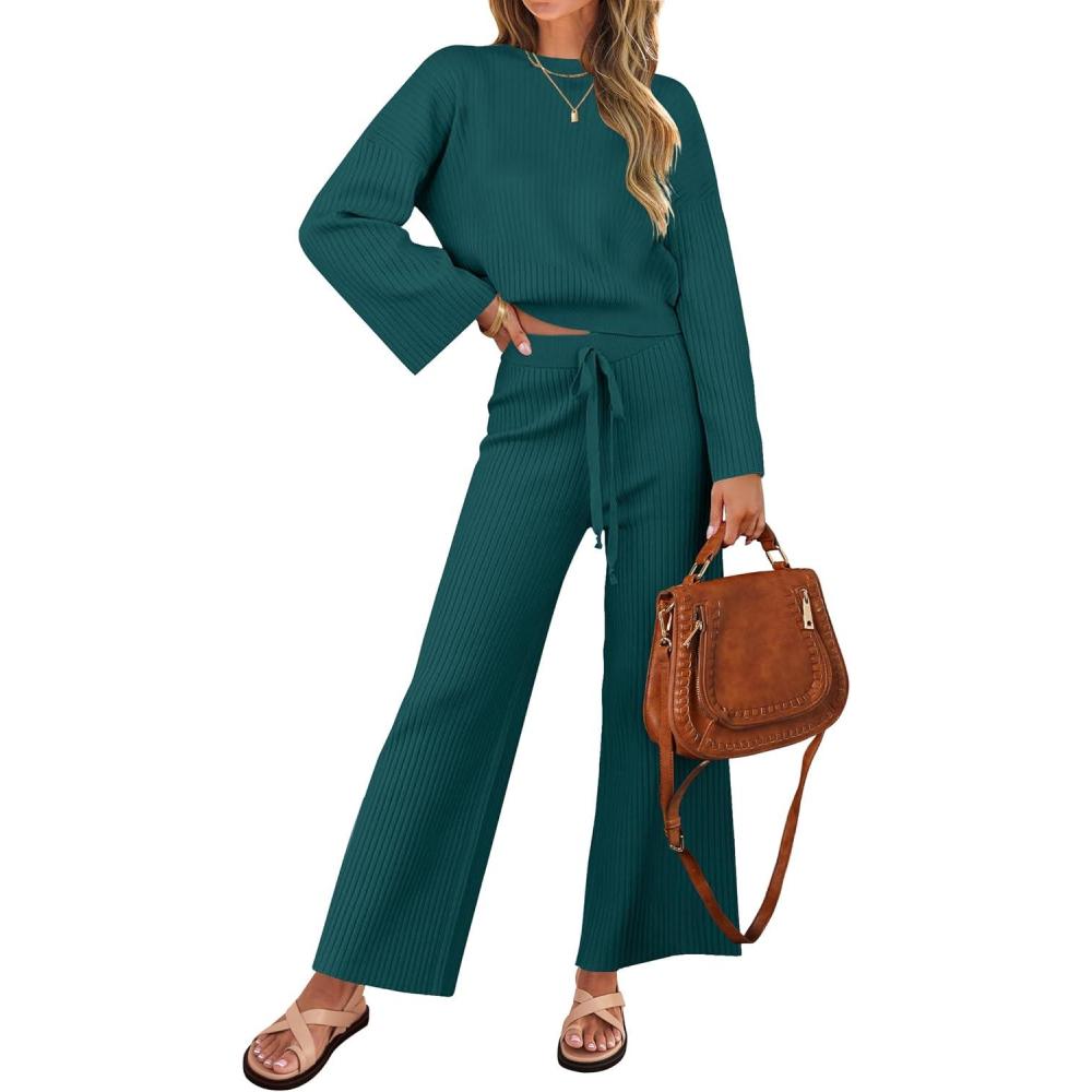 imageZESICA Womens 2 Piece Outfits Set 2026 Casual Long Sleeve Knit Pullover Top and Wide Leg Pants Sweatsuit Lounge SetsTeal