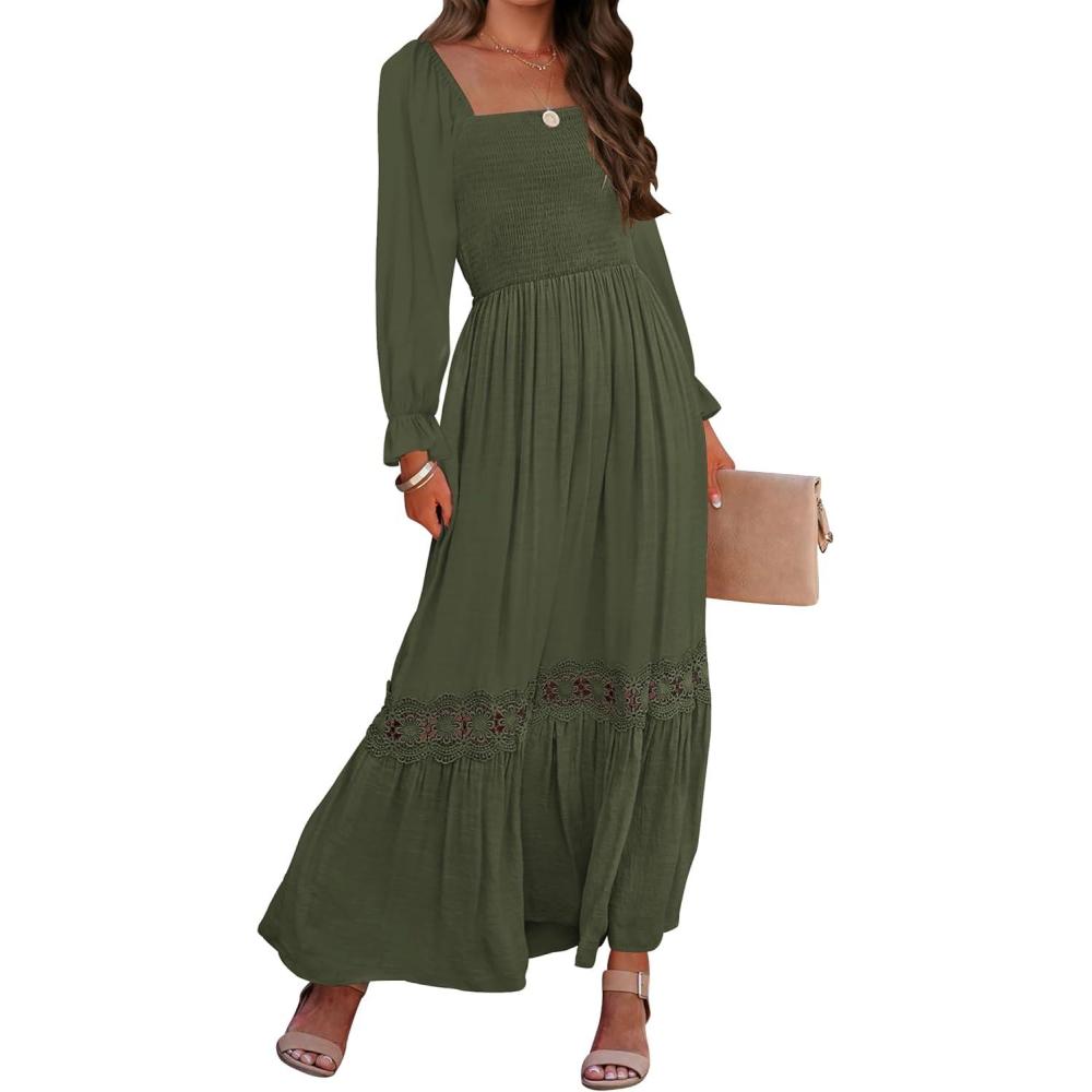 imageZESICA Womens 2026 Boho Long Sleeve Square Neck Smocked High Waist Flowy A Line Lace Trim Maxi DressArmy Green