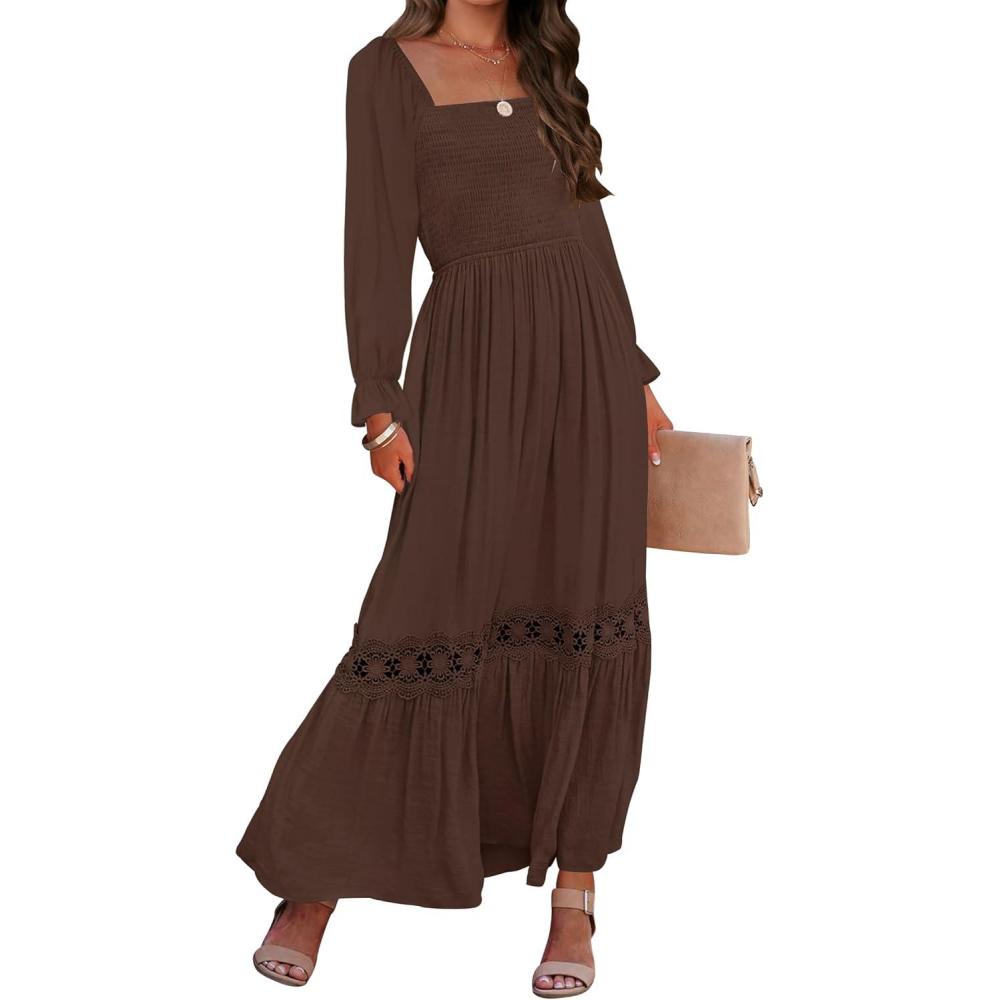 imageZESICA Womens 2026 Boho Long Sleeve Square Neck Smocked High Waist Flowy A Line Lace Trim Maxi DressCoffee
