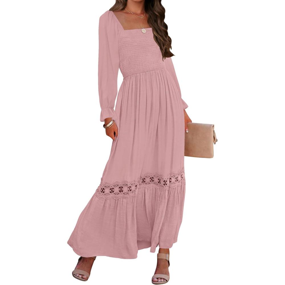 imageZESICA Womens 2026 Boho Long Sleeve Square Neck Smocked High Waist Flowy A Line Lace Trim Maxi DressDark Pink