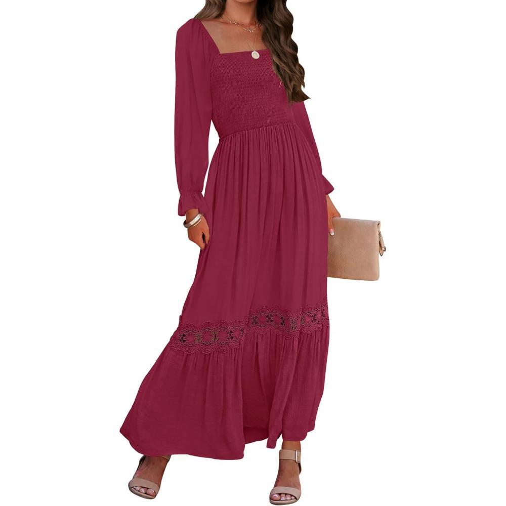 imageZESICA Womens 2026 Boho Long Sleeve Square Neck Smocked High Waist Flowy A Line Lace Trim Maxi DressPlum