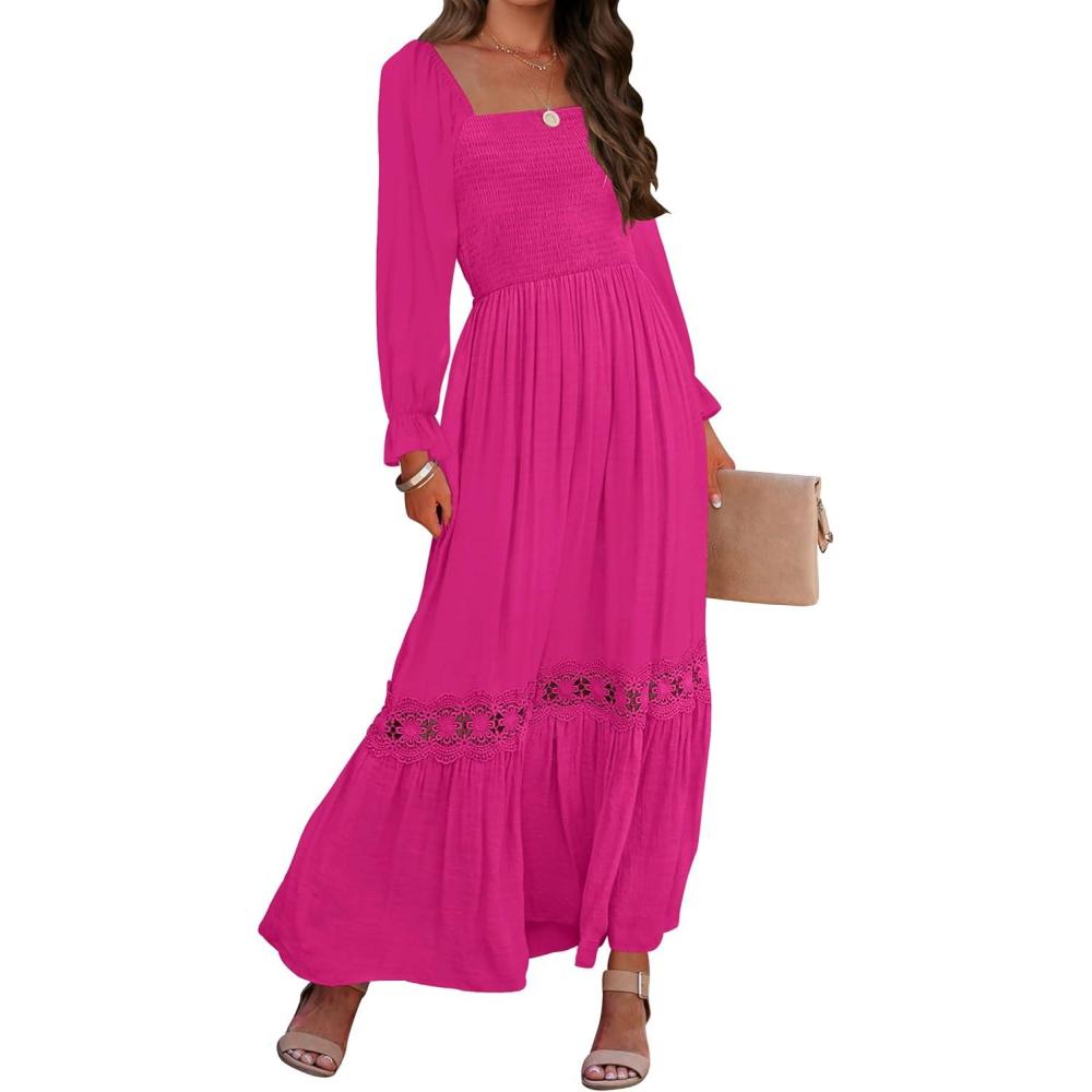 imageZESICA Womens 2026 Boho Long Sleeve Square Neck Smocked High Waist Flowy A Line Lace Trim Maxi DressRose