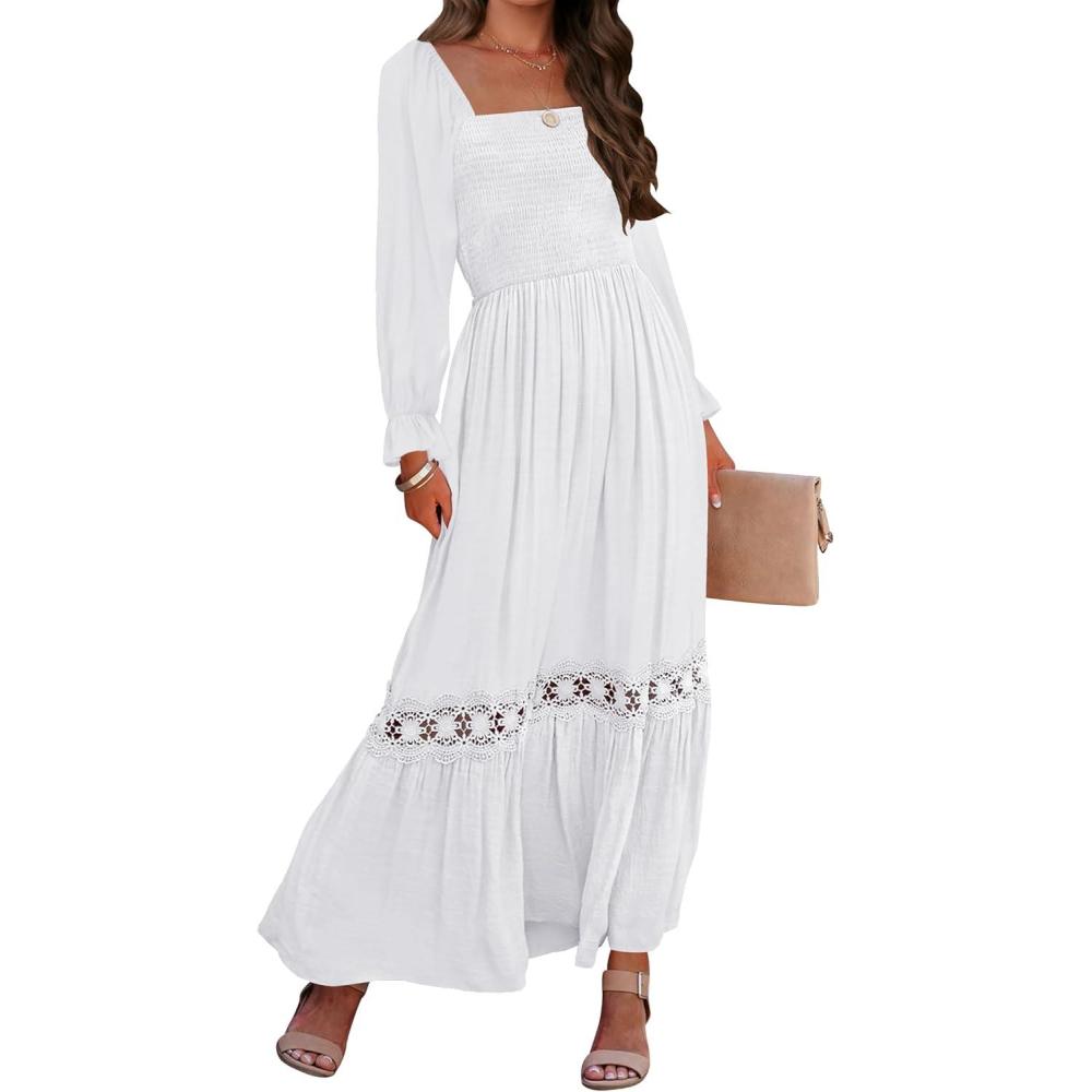 imageZESICA Womens 2026 Boho Long Sleeve Square Neck Smocked High Waist Flowy A Line Lace Trim Maxi DressWhite