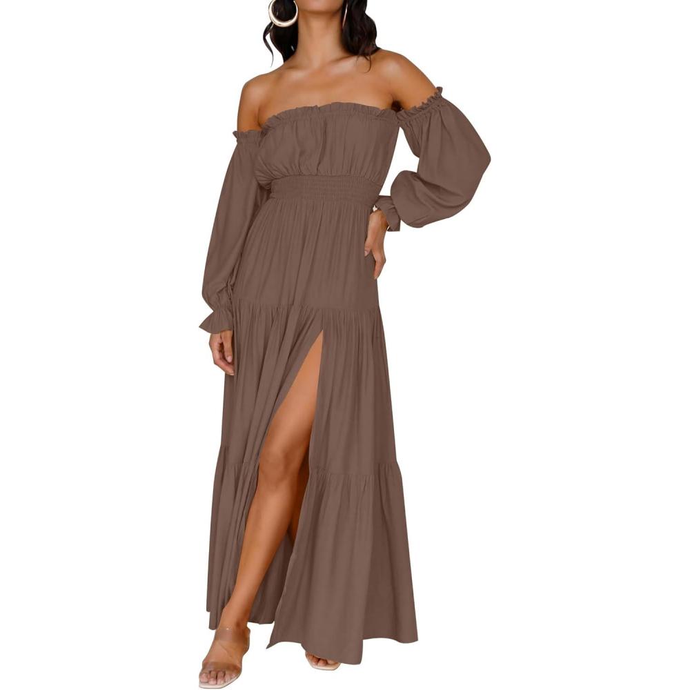 imageZESICA Womens 2026 Boho Sexy Off Shoulder Long Sleeve Smocked High Waist Side Split Flowy A Line Tiered Long Maxi DressCoffee