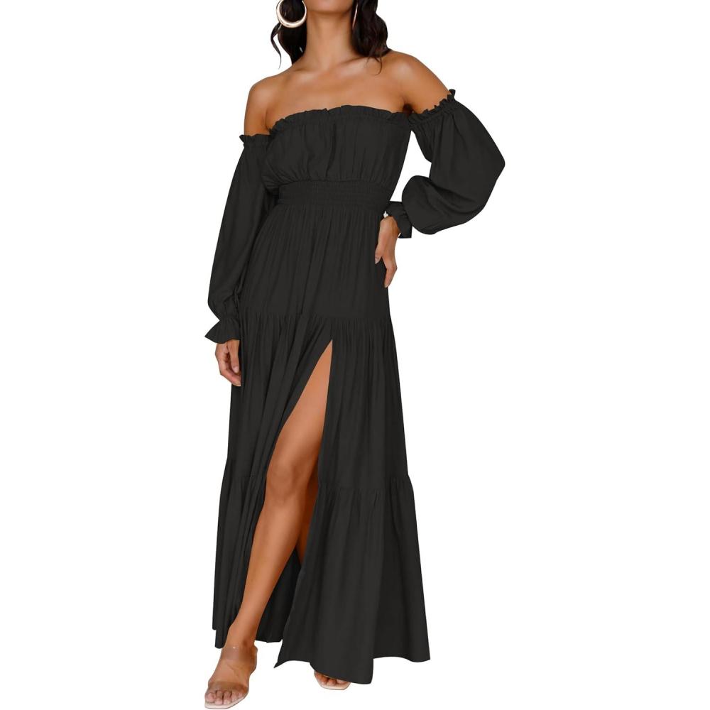 imageZESICA Womens 2026 Boho Sexy Off Shoulder Long Sleeve Smocked High Waist Side Split Flowy A Line Tiered Long Maxi DressDark Black