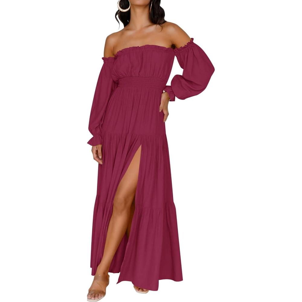 imageZESICA Womens 2026 Boho Sexy Off Shoulder Long Sleeve Smocked High Waist Side Split Flowy A Line Tiered Long Maxi DressFuchsia