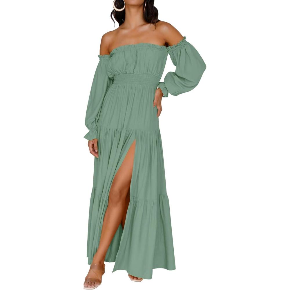imageZESICA Womens 2026 Boho Sexy Off Shoulder Long Sleeve Smocked High Waist Side Split Flowy A Line Tiered Long Maxi DressGreen