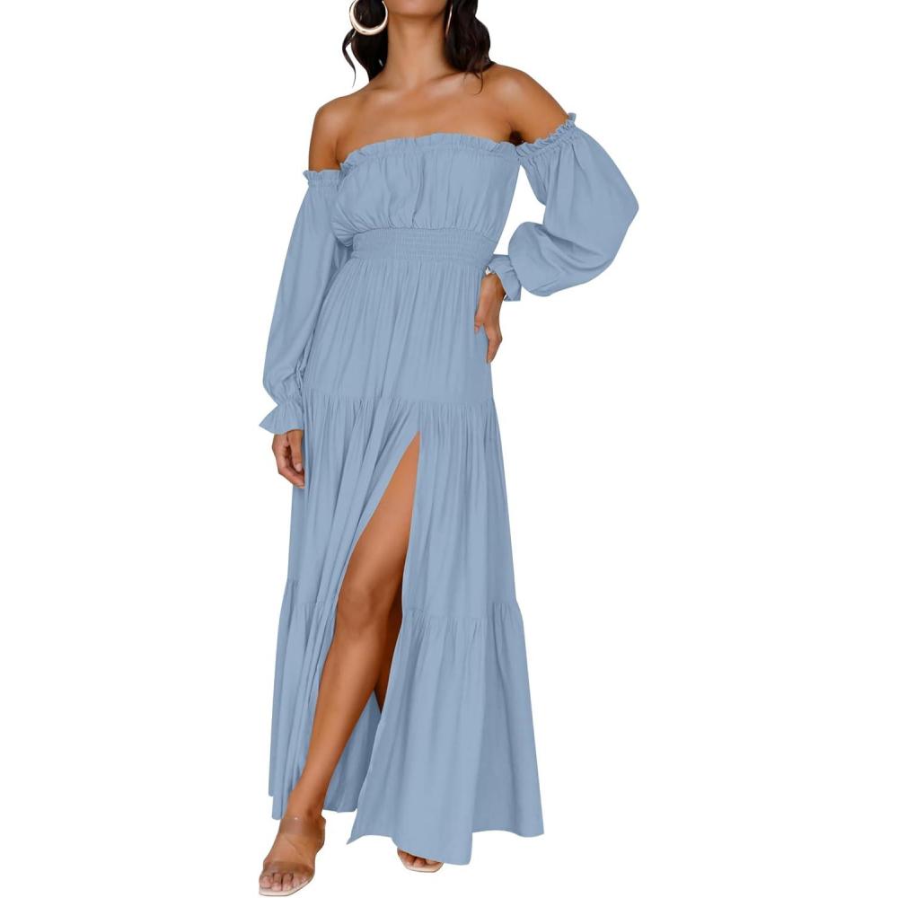 imageZESICA Womens 2026 Boho Sexy Off Shoulder Long Sleeve Smocked High Waist Side Split Flowy A Line Tiered Long Maxi DressLight Blue