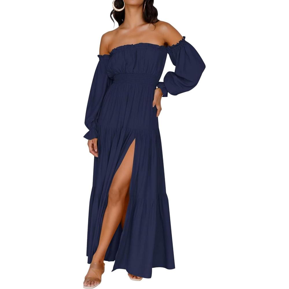 imageZESICA Womens 2026 Boho Sexy Off Shoulder Long Sleeve Smocked High Waist Side Split Flowy A Line Tiered Long Maxi DressNavy