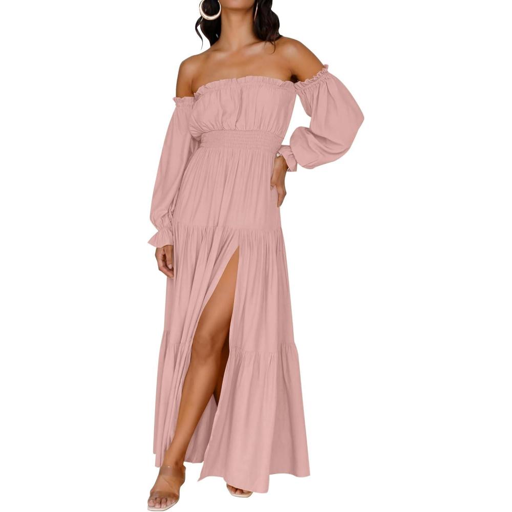 imageZESICA Womens 2026 Boho Sexy Off Shoulder Long Sleeve Smocked High Waist Side Split Flowy A Line Tiered Long Maxi DressPink