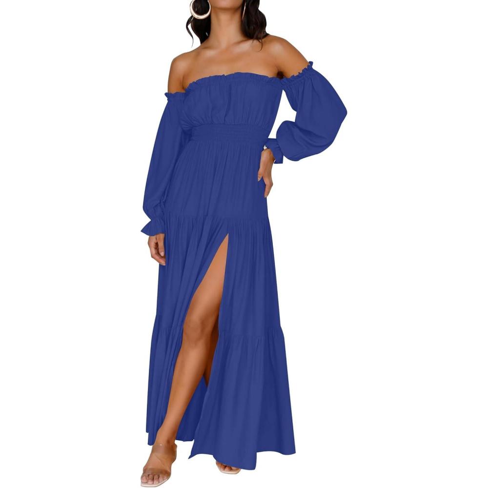 imageZESICA Womens 2026 Boho Sexy Off Shoulder Long Sleeve Smocked High Waist Side Split Flowy A Line Tiered Long Maxi DressRoyal Blue