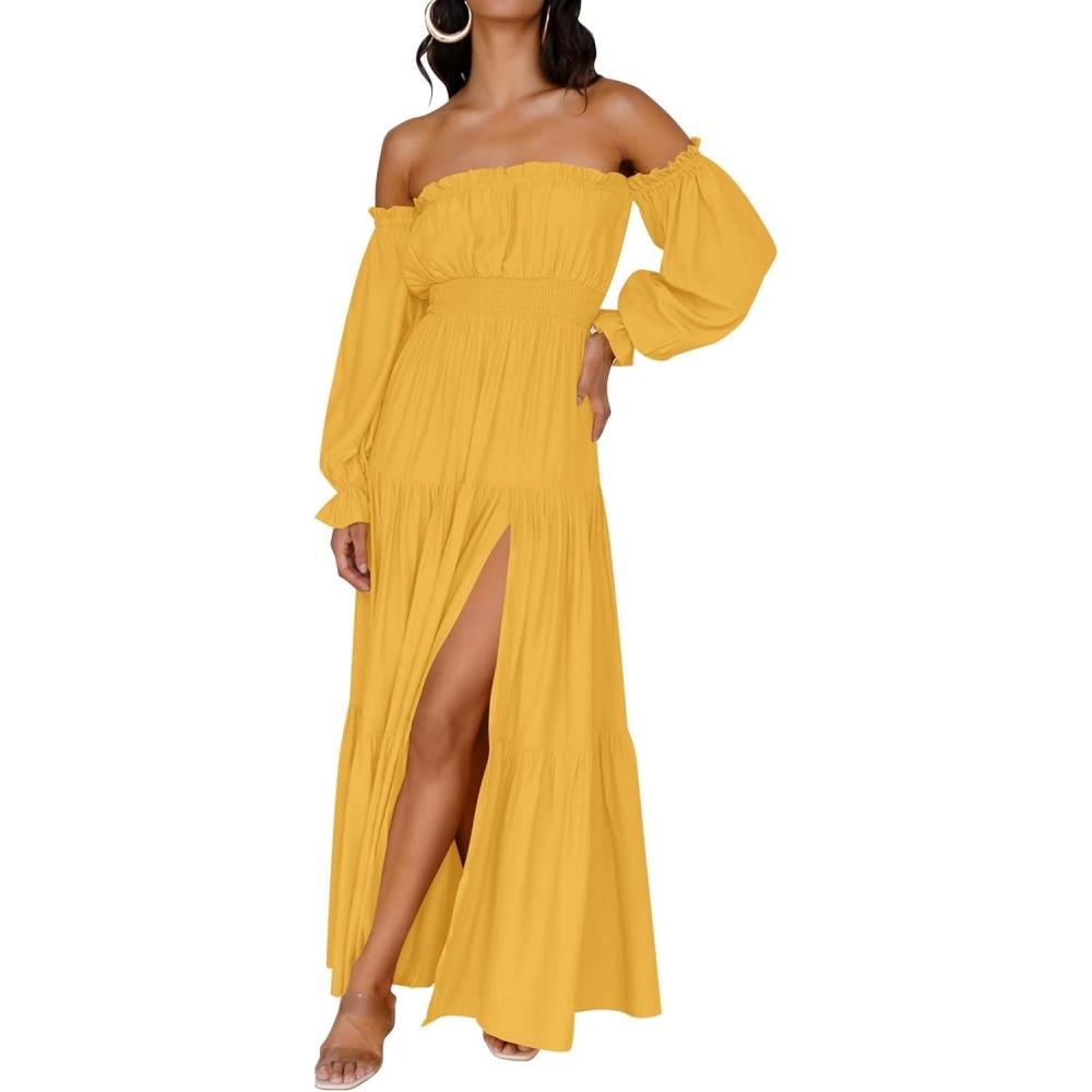 imageZESICA Womens 2026 Boho Sexy Off Shoulder Long Sleeve Smocked High Waist Side Split Flowy A Line Tiered Long Maxi DressYellow