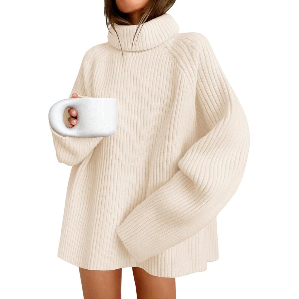 imageZESICA Womens 2026 Fall Winter Sweaters Oversized Turtleneck Long Sleeve Chunky Knitted Pullover Sweater Jumper TopsApricot