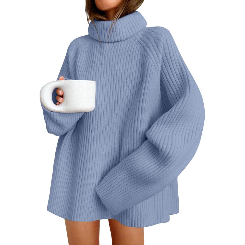 imageZESICA Womens 2026 Fall Winter Sweaters Oversized Turtleneck Long Sleeve Chunky Knitted Pullover Sweater Jumper TopsBlue