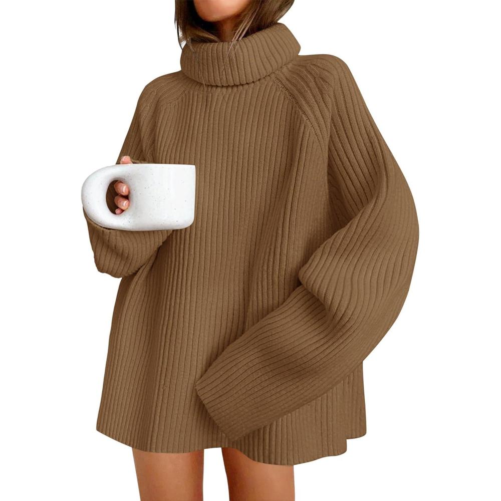 imageZESICA Womens 2026 Fall Winter Sweaters Oversized Turtleneck Long Sleeve Chunky Knitted Pullover Sweater Jumper TopsBrown