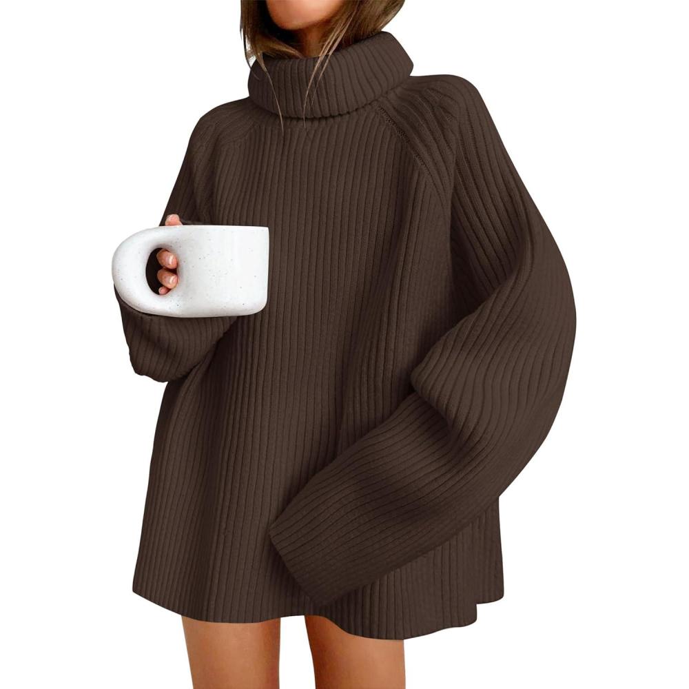 imageZESICA Womens 2026 Fall Winter Sweaters Oversized Turtleneck Long Sleeve Chunky Knitted Pullover Sweater Jumper TopsCoffee