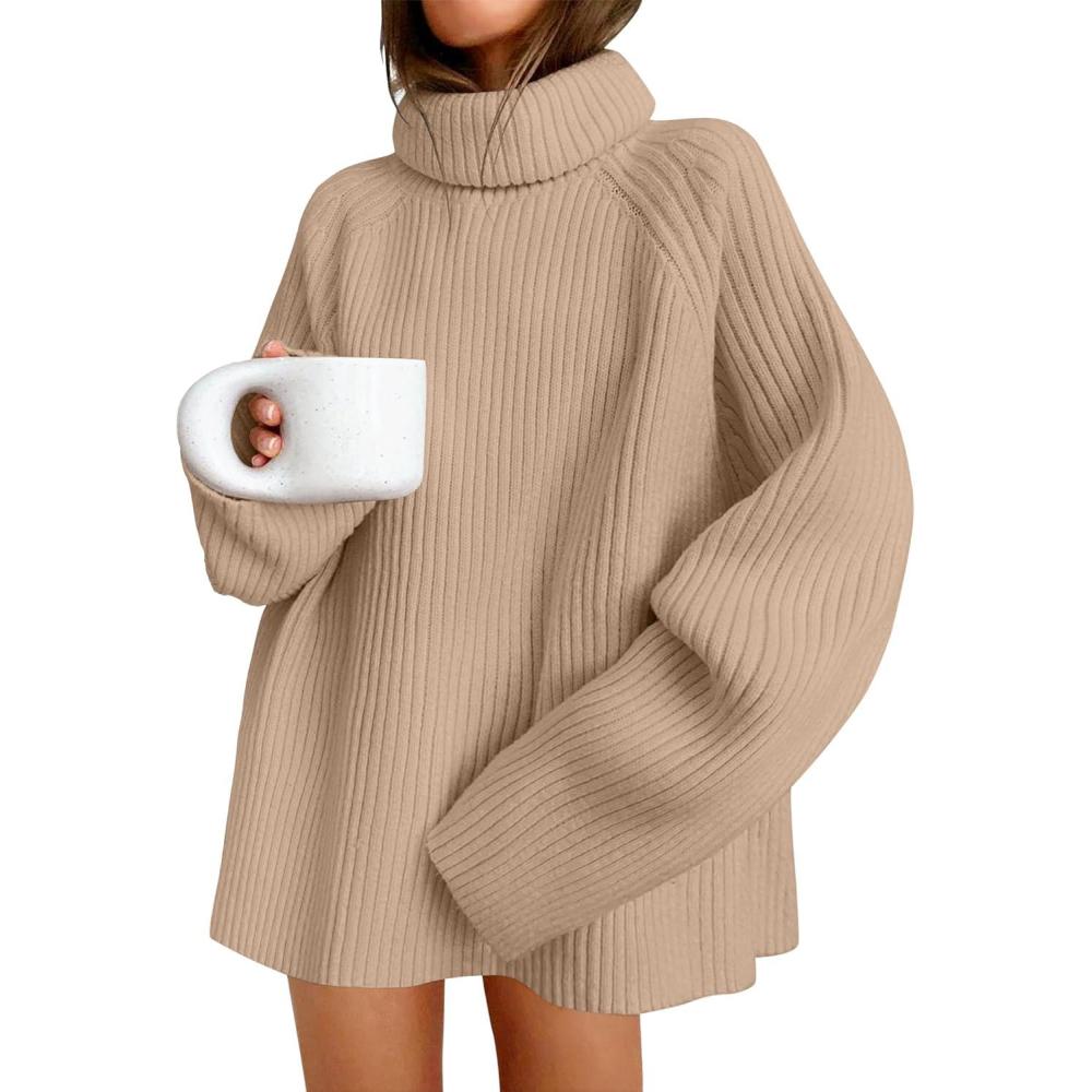 imageZESICA Womens 2026 Fall Winter Sweaters Oversized Turtleneck Long Sleeve Chunky Knitted Pullover Sweater Jumper TopsKhaki