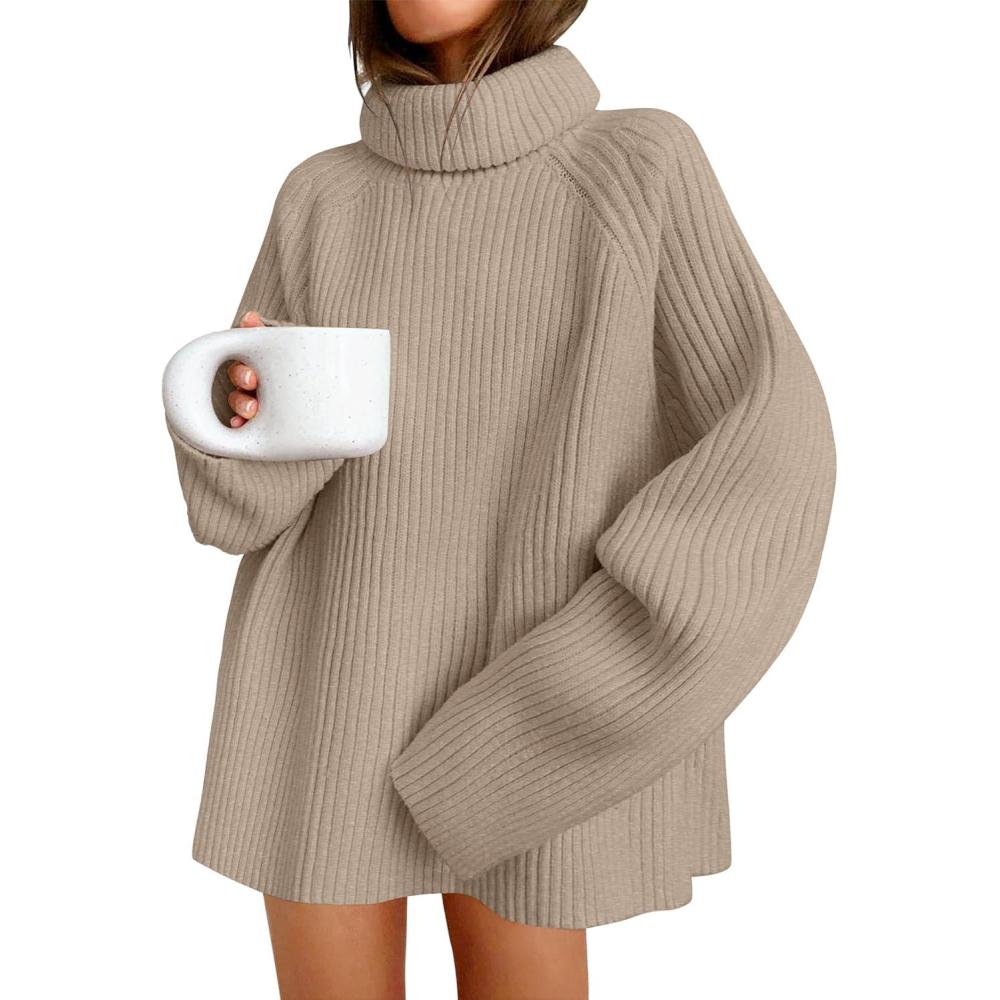 imageZESICA Womens 2026 Fall Winter Sweaters Oversized Turtleneck Long Sleeve Chunky Knitted Pullover Sweater Jumper TopsOatmeal