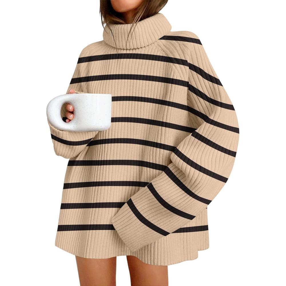 imageZESICA Womens 2026 Fall Winter Sweaters Oversized Turtleneck Long Sleeve Chunky Knitted Pullover Sweater Jumper TopsToffee