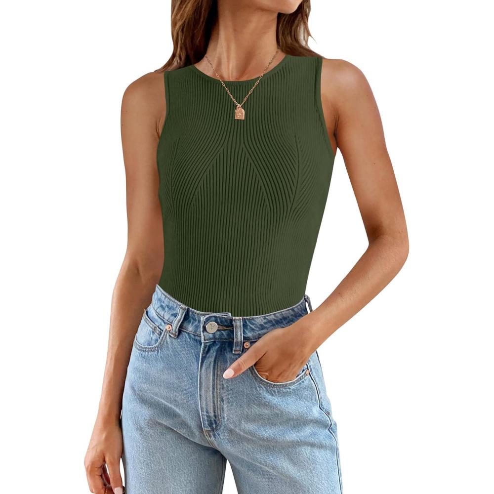 imageZESICA Womens 2026 Ribbed Tank Tops Summer Sleeveless High Neck Casual Slim Fitted Basic Knit ShirtsArmygreen