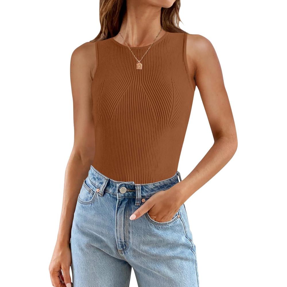 imageZESICA Womens 2026 Ribbed Tank Tops Summer Sleeveless High Neck Casual Slim Fitted Basic Knit ShirtsDarkbrown