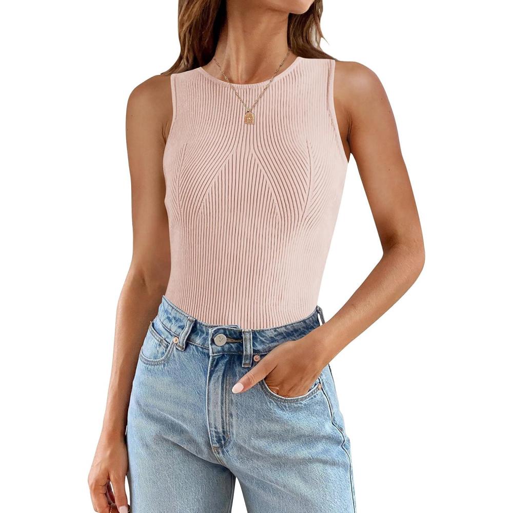 imageZESICA Womens 2026 Ribbed Tank Tops Summer Sleeveless High Neck Casual Slim Fitted Basic Knit ShirtsPink