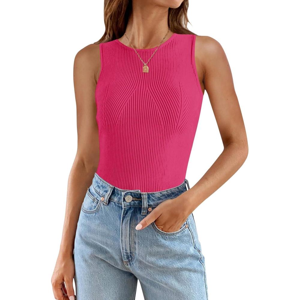 imageZESICA Womens 2026 Ribbed Tank Tops Summer Sleeveless High Neck Casual Slim Fitted Basic Knit ShirtsRose