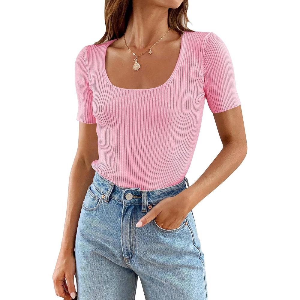 imageZESICA Womens 2026 Short Sleeve Square Neck T Shirts Slim Fitted Summer Ribbed Knit Basic Casual Tee TopsHotpink