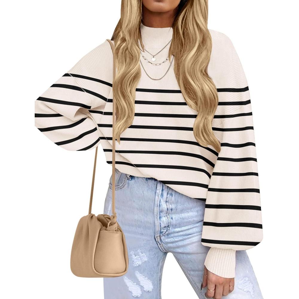 imageZESICA Womens 2026 Spring Fashion Turtleneck Long Sleeve Striped Ribbed Knit Loose Pullover Sweater TopsApricot
