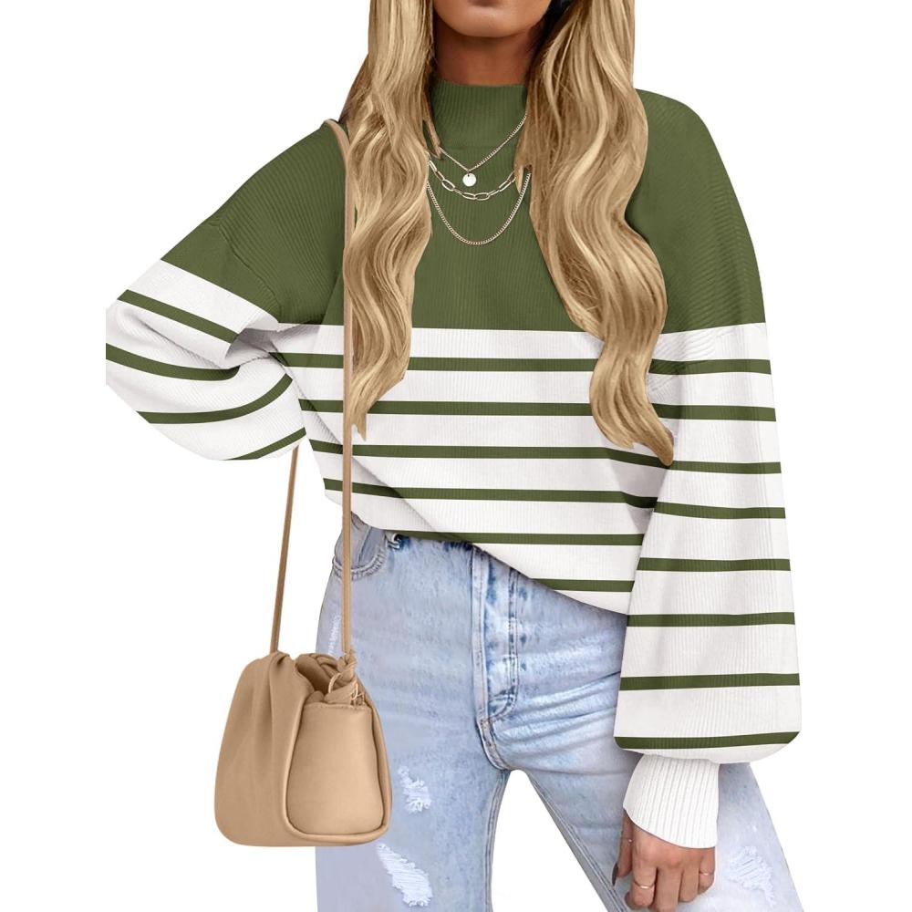 imageZESICA Womens 2026 Spring Fashion Turtleneck Long Sleeve Striped Ribbed Knit Loose Pullover Sweater TopsArmygreen