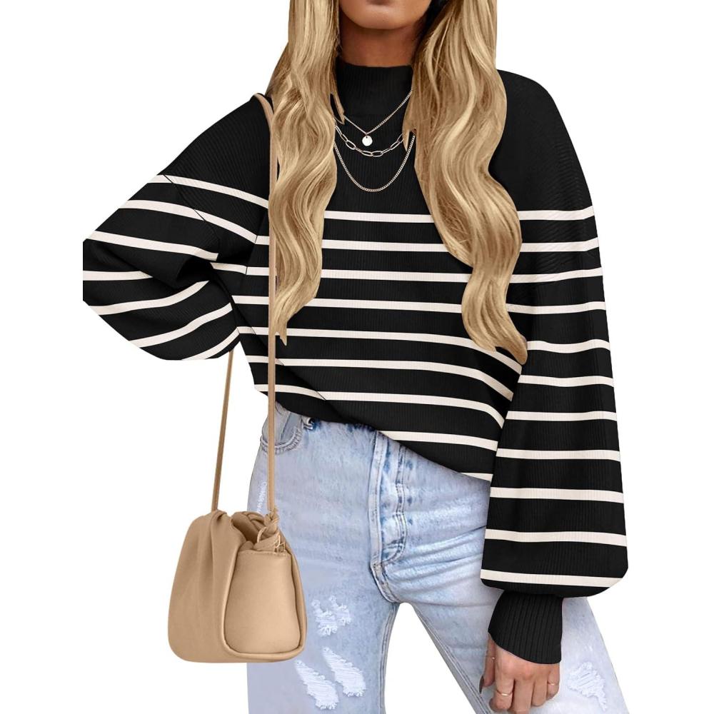 imageZESICA Womens 2026 Spring Fashion Turtleneck Long Sleeve Striped Ribbed Knit Loose Pullover Sweater TopsBlack