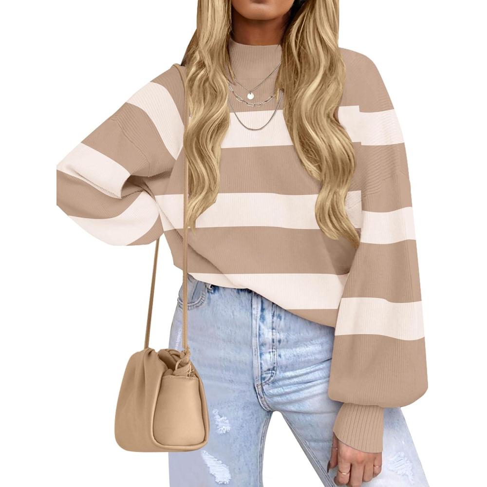 imageZESICA Womens 2026 Spring Fashion Turtleneck Long Sleeve Striped Ribbed Knit Loose Pullover Sweater TopsCamel