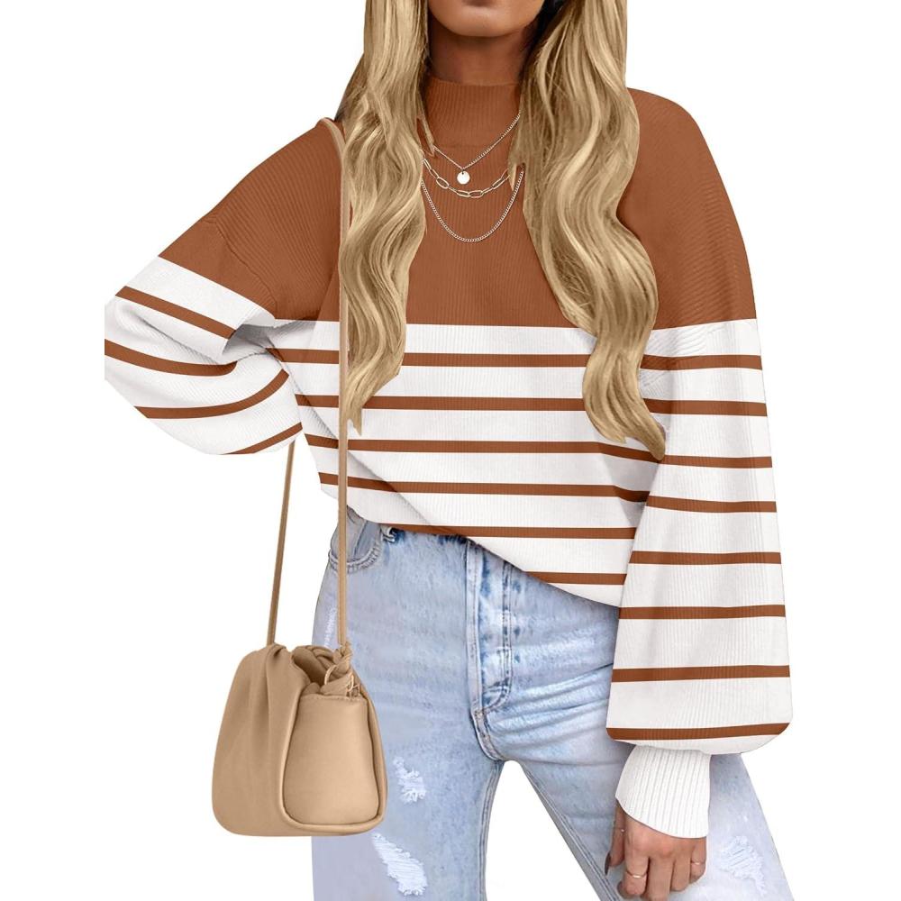 imageZESICA Womens 2026 Spring Fashion Turtleneck Long Sleeve Striped Ribbed Knit Loose Pullover Sweater TopsCaramel