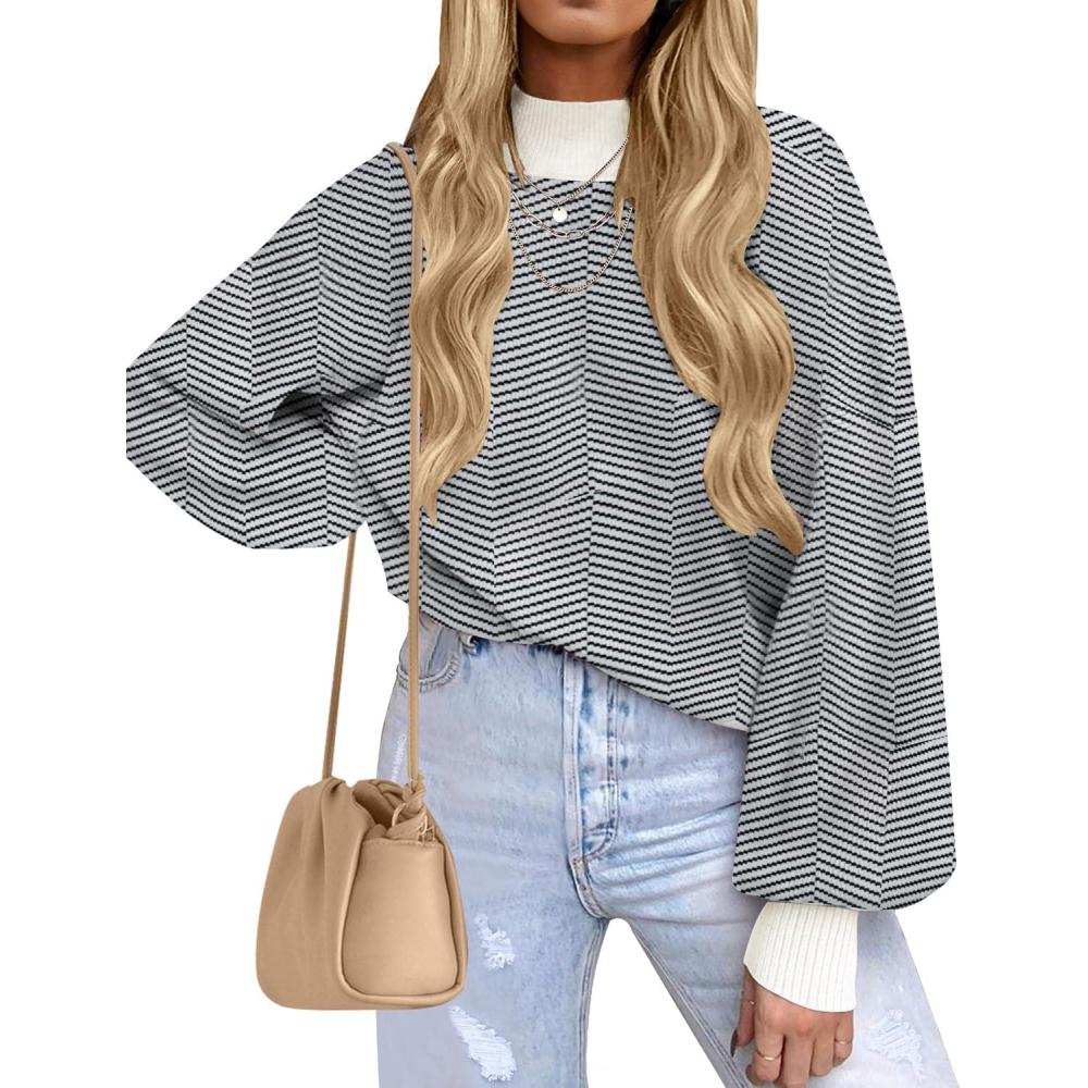 imageZESICA Womens 2026 Spring Fashion Turtleneck Long Sleeve Striped Ribbed Knit Loose Pullover Sweater TopsCarbon