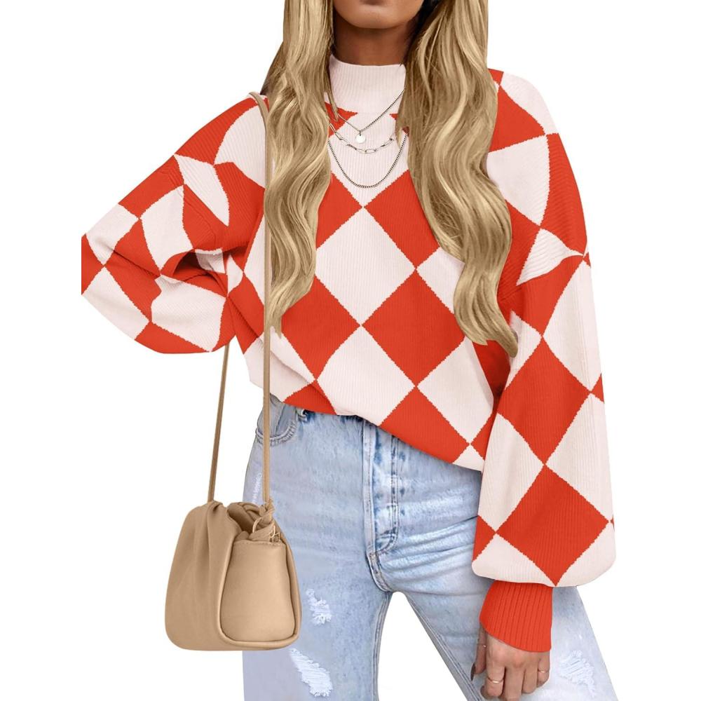 imageZESICA Womens 2026 Spring Fashion Turtleneck Long Sleeve Striped Ribbed Knit Loose Pullover Sweater TopsCoral