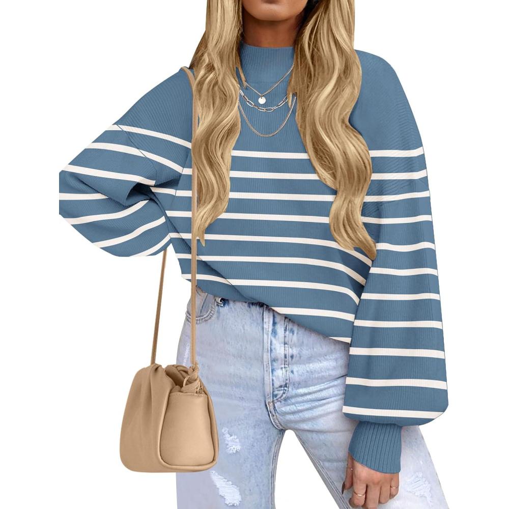 imageZESICA Womens 2026 Spring Fashion Turtleneck Long Sleeve Striped Ribbed Knit Loose Pullover Sweater TopsDarkblue