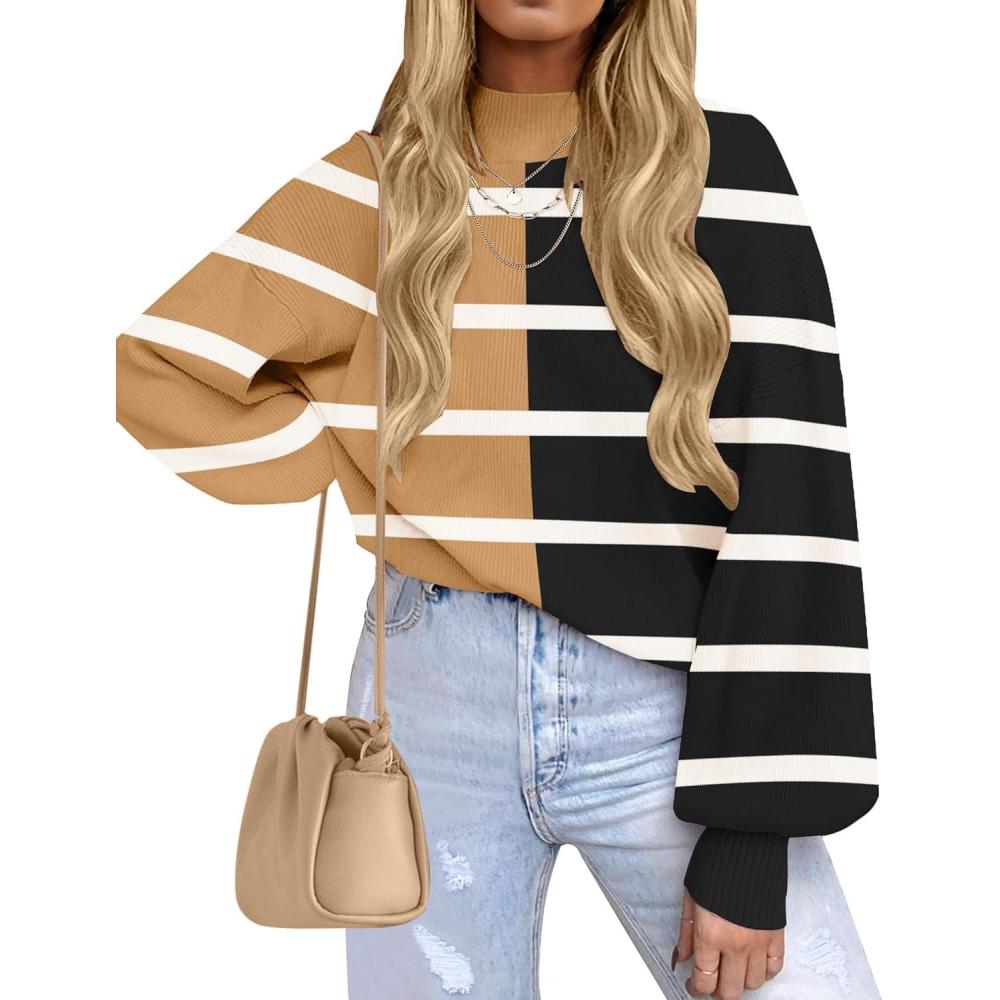 imageZESICA Womens 2026 Spring Fashion Turtleneck Long Sleeve Striped Ribbed Knit Loose Pullover Sweater TopsLightkhaki