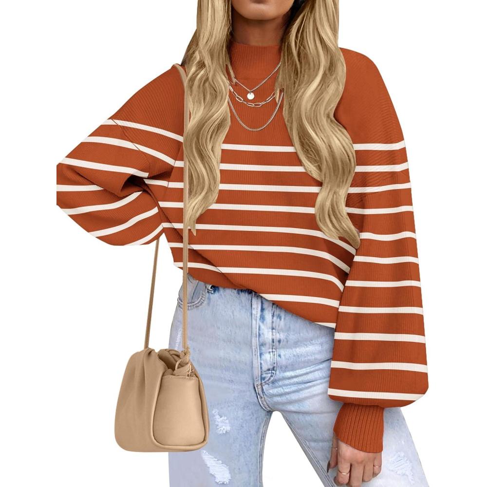 imageZESICA Womens 2026 Spring Fashion Turtleneck Long Sleeve Striped Ribbed Knit Loose Pullover Sweater TopsMaple