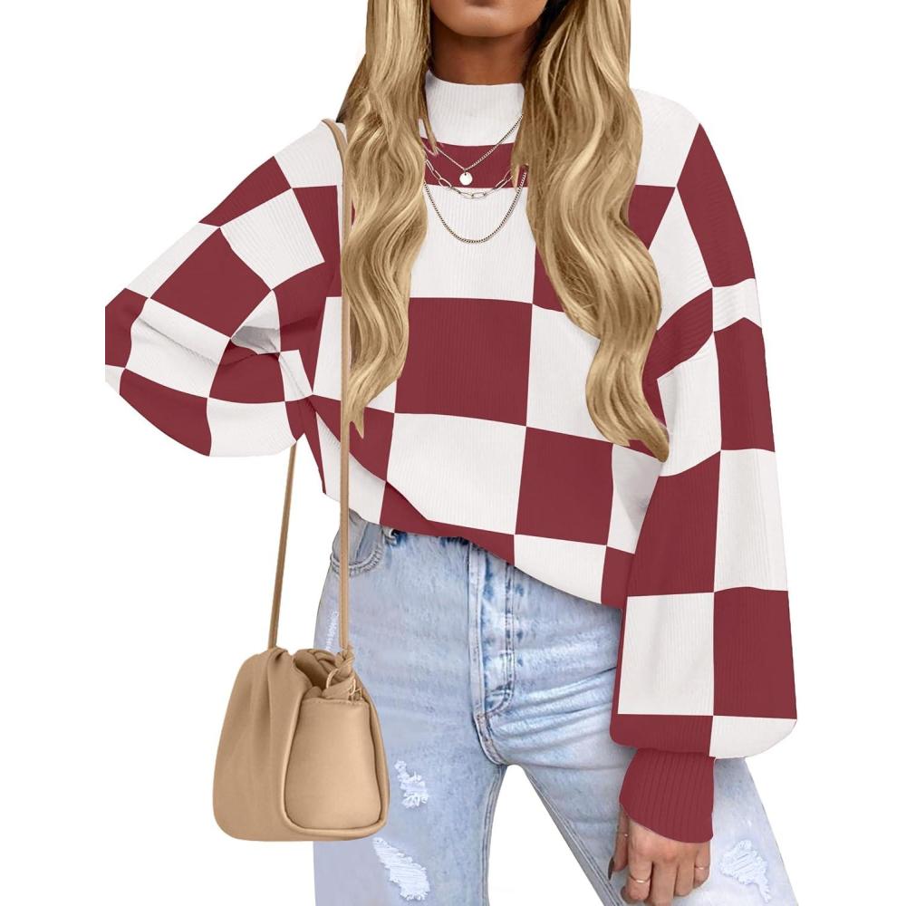 imageZESICA Womens 2026 Spring Fashion Turtleneck Long Sleeve Striped Ribbed Knit Loose Pullover Sweater TopsPlumplaid