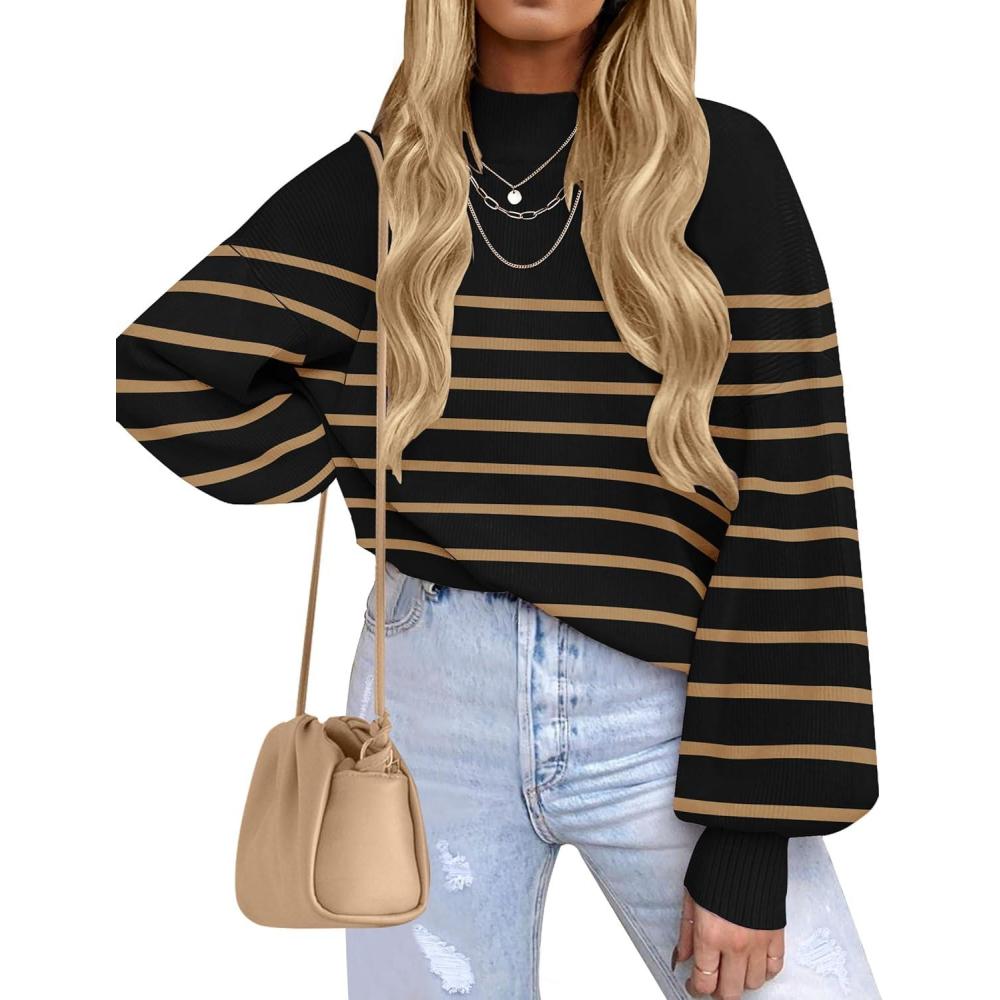 imageZESICA Womens 2026 Spring Fashion Turtleneck Long Sleeve Striped Ribbed Knit Loose Pullover Sweater TopsTaupe